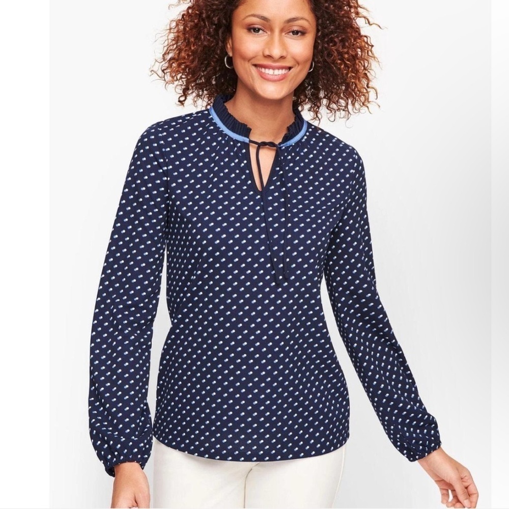 Talbots Navy Blue Dotted Long Sleeve Blouse Ruffle Neck‎ Tie Keyhole Large